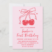 Pink & Red Bow Cherry Fruit 1st Birthday Party Kaart (Voorkant)