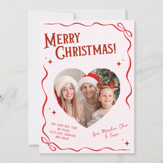 Pink & Red Bow Year in Review Christmas Feestdagenkaart (Voorkant)