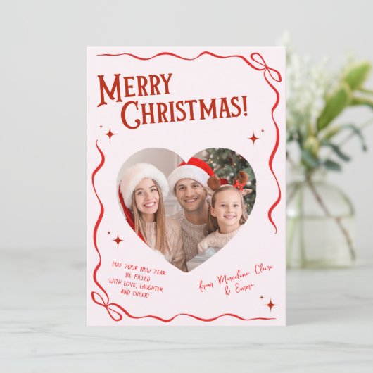 Pink & Red Bow Year in Review Christmas Feestdagenkaart (Staand voorkant)