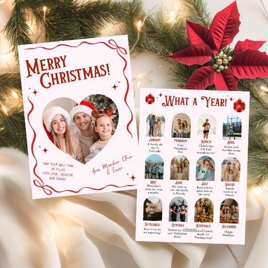 Pink & Red Bow Year in Review Christmas Feestdagenkaart