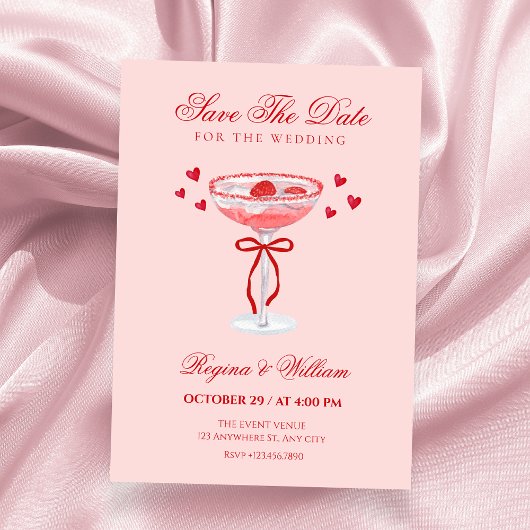 Pink red cocktail bow wedding  save the date