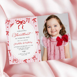 Pink Red Coquette Bow Valentine 1st Birthday Photo Kaart