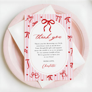 Pink Red Coquette Bow Valentine Baby Shower Bedankkaart