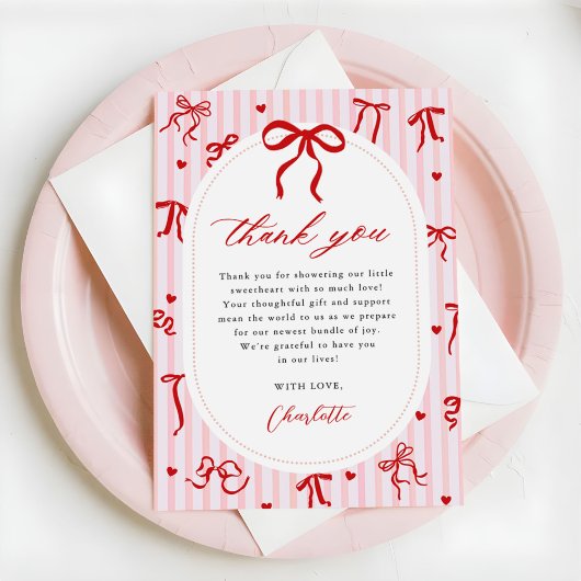 Pink Red Coquette Bow Valentine Baby Shower Bedankkaart