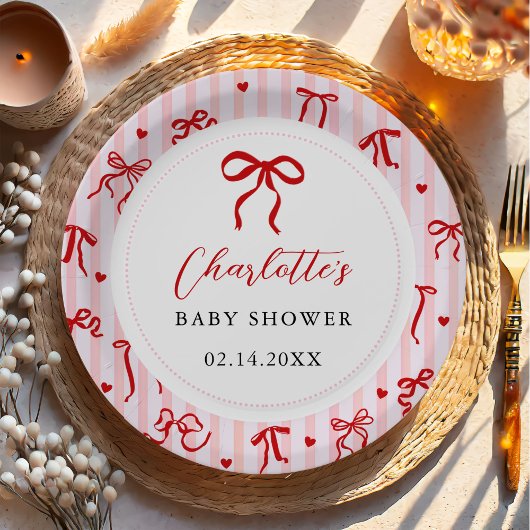 Pink Red Coquette Bow Valentine Baby Shower Papieren Bordje