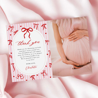 Pink Red Coquette Bow Valentine Baby Shower Photo Bedankkaart