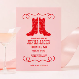 Pink Red Cowgirl Boots Ladies Birthday Party Kaart