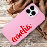 Pink red custom name bold script Case-Mate iPhone 14 pro max hoesje<br><div class="desc">Phone cover featuring your name in a red script font on a pink background. Bold and colorful design.</div>