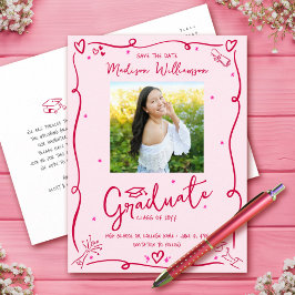Pink Red Doodles Graduation Save the Date Photo Uitnodiging Briefkaart