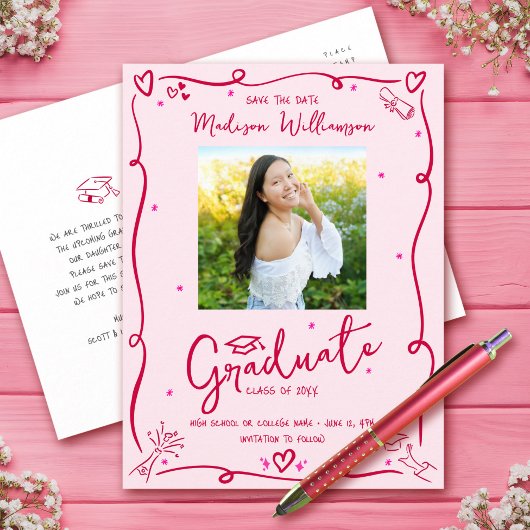 Pink Red Doodles Graduation Save the Date Photo Uitnodiging Briefkaart
