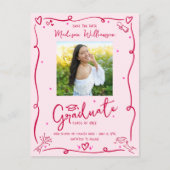 Pink Red Doodles Graduation Save the Date Photo Uitnodiging Briefkaart (Voorkant)