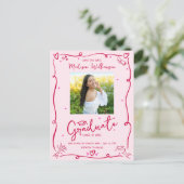 Pink Red Doodles Graduation Save the Date Photo Uitnodiging Briefkaart (Staand voorkant)