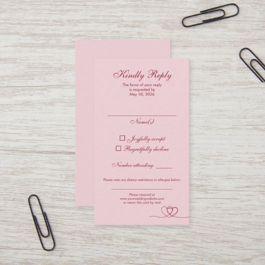 Pink Red Elegant Calligraphy Wedding RSVP Card Visitekaartje (Voorkant / Achterkant in situ)