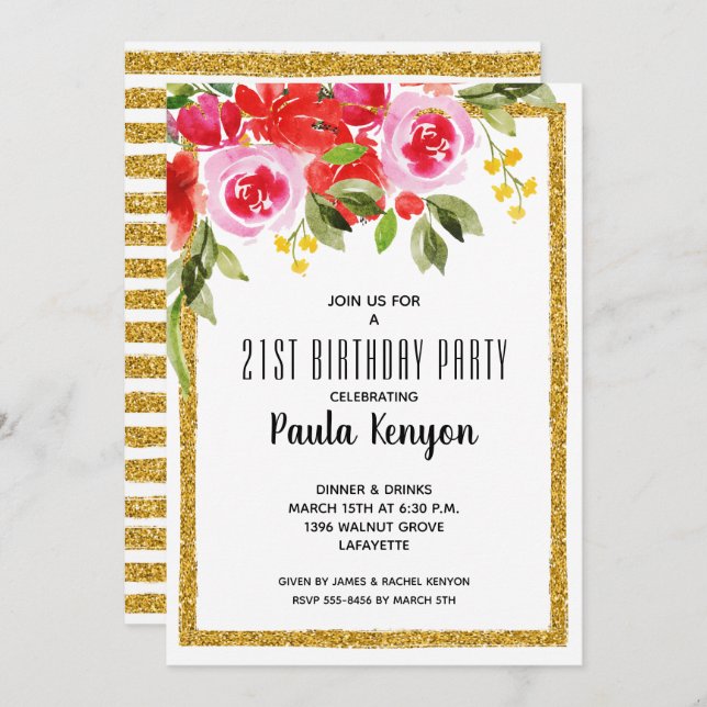 Pink Red Floral 21st Birthday Glitter Invitations (Voorkant / Achterkant)