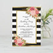 Pink Red Floral Black White Stripes Gold Birthday Kaart (Staand voorkant)