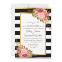 Pink Red Floral Black White Stripes Gold Wedding