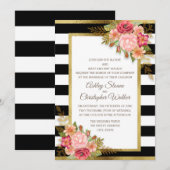 Pink Red Floral Black White Stripes Gold Wedding Kaart (Voorkant / Achterkant)