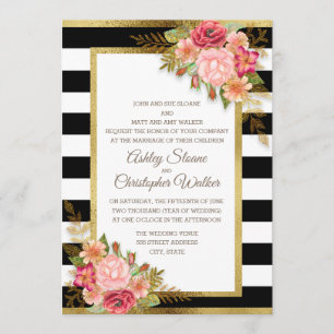 Pink Red Floral Black White Stripes Gold Wedding Kaart