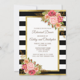 Pink Red Floral Black White Stripes Gold Wedding Kaart