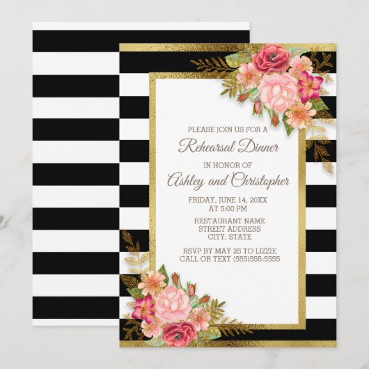 Pink Red Floral Black White Stripes Gold Wedding Kaart (Voorkant / Achterkant)