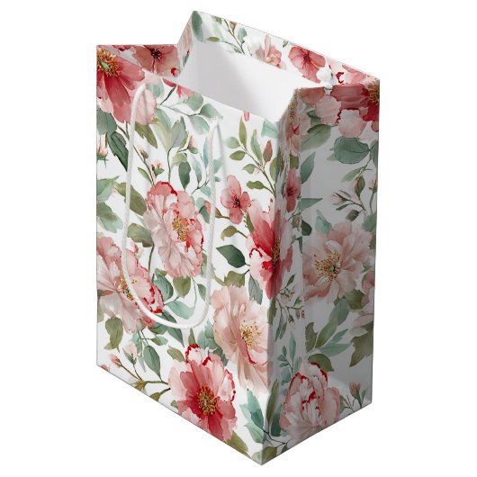 Pink Red Floral Bridal Shower Medium Cadeauzakje (Voorkant Gekanteld)