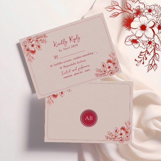Pink Red Floral Elegant RSVP Kaartje