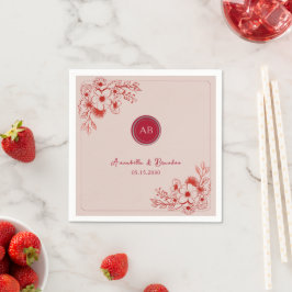 Pink Red Floral Monogram Wedding Servet