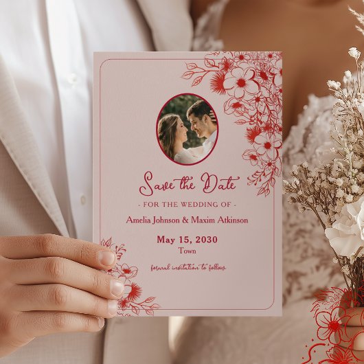 Pink Red Floral Photo Save The Date