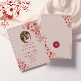 Pink Red Floral Photo Wedding Kaart