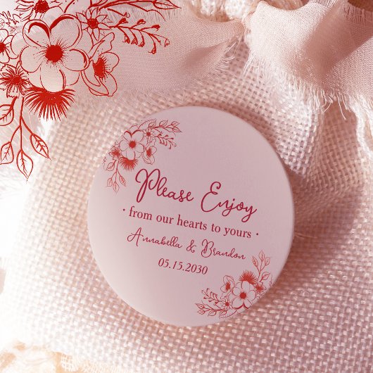 Pink Red Floral Please Enjoy Wedding Ronde Sticker