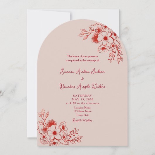 Pink Red Floral QR Code Wedding Kaart (Voorkant)