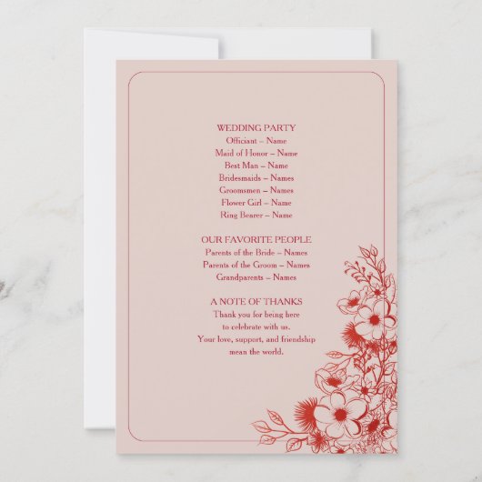 Pink Red Floral Wedding Program (Achterkant)