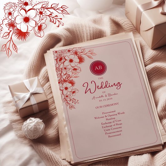 Pink Red Floral Wedding Program