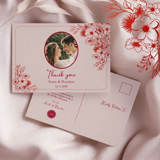 Pink Red Floral Wedding Thank You Briefkaart