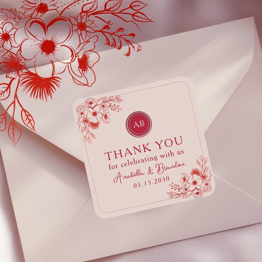 Pink Red Floral Wedding Thank You Vierkante Sticker