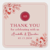 Pink Red Floral Wedding Thank You Vierkante Sticker (Voorkant)