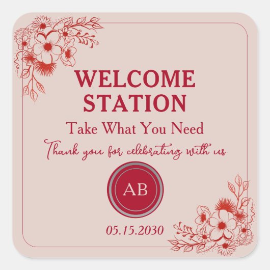Pink Red Floral Welcome Station Vierkante Sticker (Voorkant)