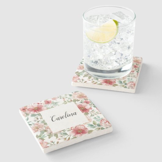 Pink Red Flowers Stenen Onderzetter (Zijkant)