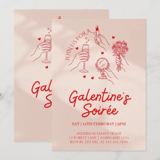 Pink & Red Galentine’s Day Party Invitation Templa Kaart (Voorkant / Achterkant)