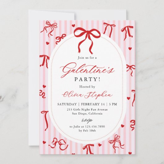 Pink Red Galentine's Day Party Coquette Bow Kaart (Voorkant)