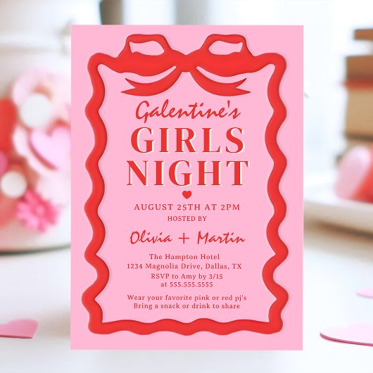 Pink Red Galentine's Girls Night Party Invitation Kaart