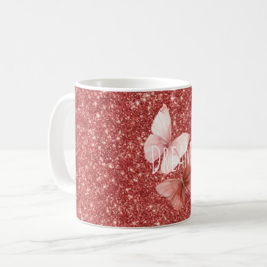 Pink Red Glitter Butterflies Koffiemok (Voorkant links)