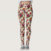 Pink Red Gold Flowers on Tan Stripes Leggings (Voorkant)