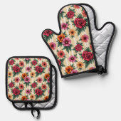 Pink Red Gold Flowers on Tan Stripes Ovenwant & Pannenlap Set (Voorkant / Achterkant)