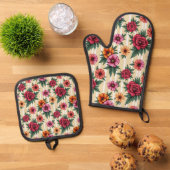 Pink Red Gold Flowers on Tan Stripes Ovenwant & Pannenlap Set (Top down)