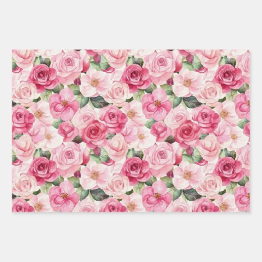 Pink Red Green Roses Floral Bridal Shower Inpakpapier Vel (Voorkant 2)