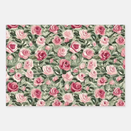 Pink Red Green Roses Floral Bridal Shower Inpakpapier Vel (Voorkant)