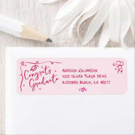 Pink Red Hand Drawn Doodle Graduation Fun Address Etiket