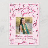 Pink Red Hand Drawn Doodles Graduation 4 Photo Fun Aankondiging (Voorkant)