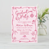 Pink Red Hand Drawn Doodles Graduation Retro Party Kaart (Staand voorkant)